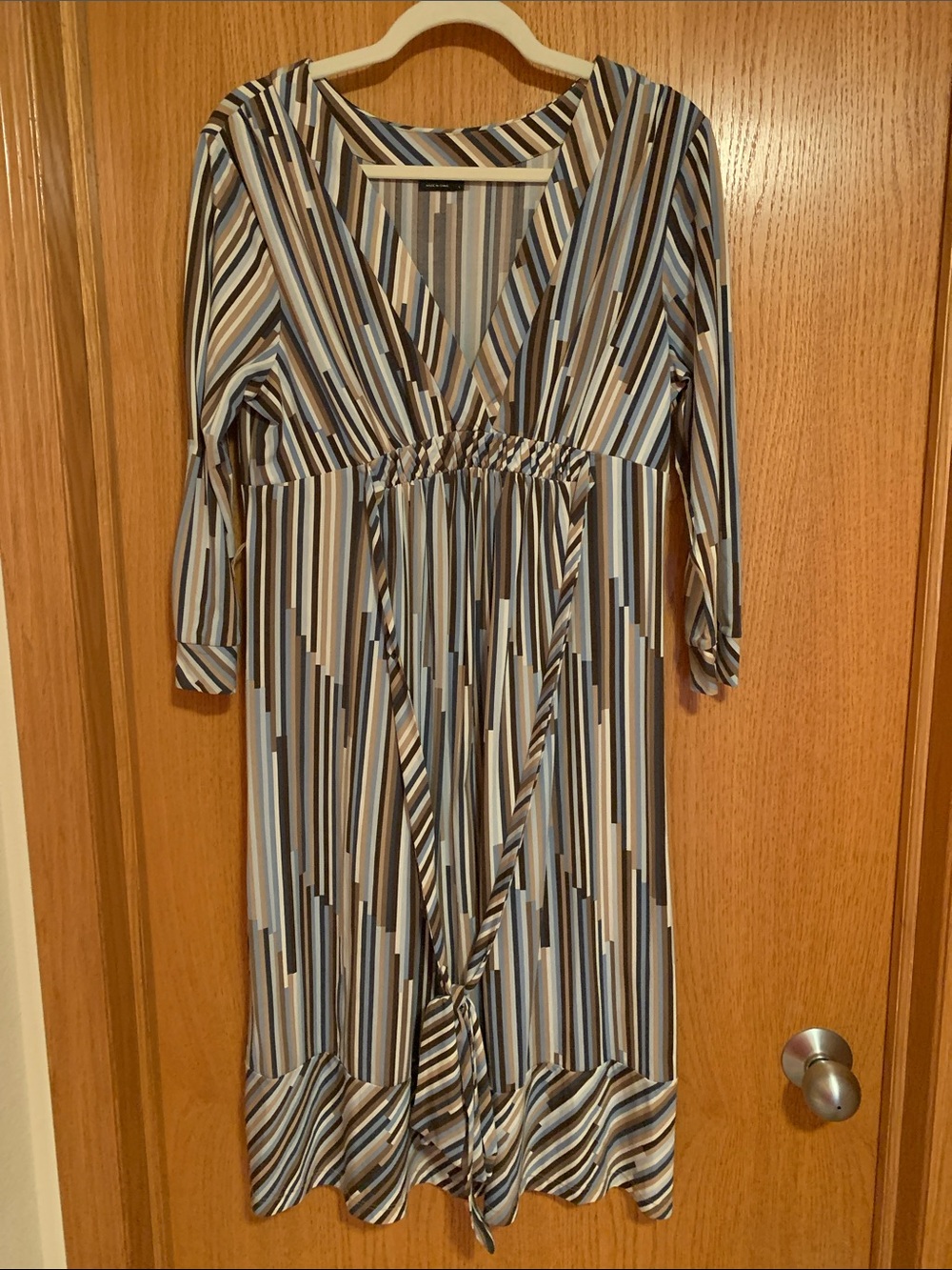 BCBGMaxAzria Vertical Stripe V-Neck Midi Dress in Blue, Cream, Tan, and Gray